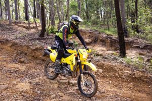 A dirt bike rider going down a rocky hill in the Beerwah State Forest