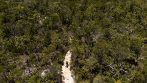 A drone shot of a person riding a motorbike on the Cooloola Way sunshine Coast